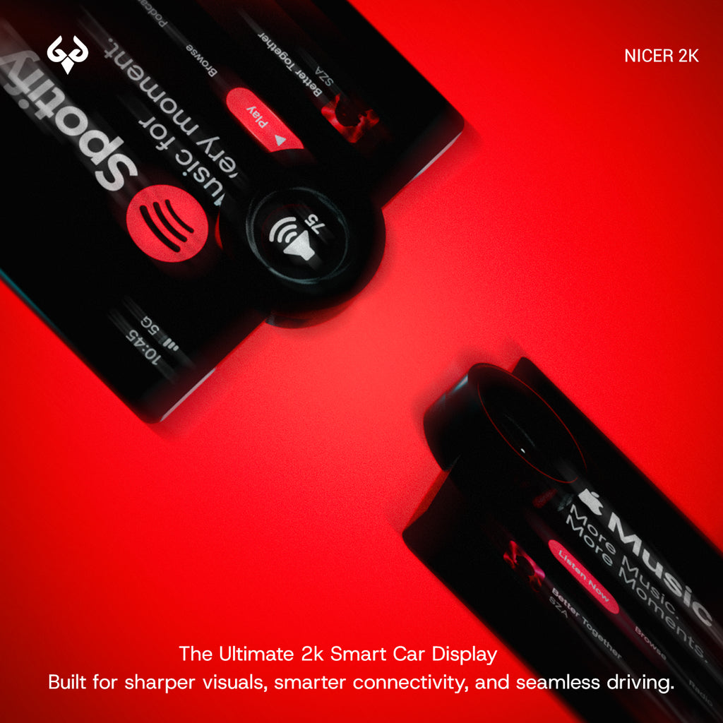Close-up of the NICER 2K smart car display showing Spotify and Apple Music interfaces on a red background.