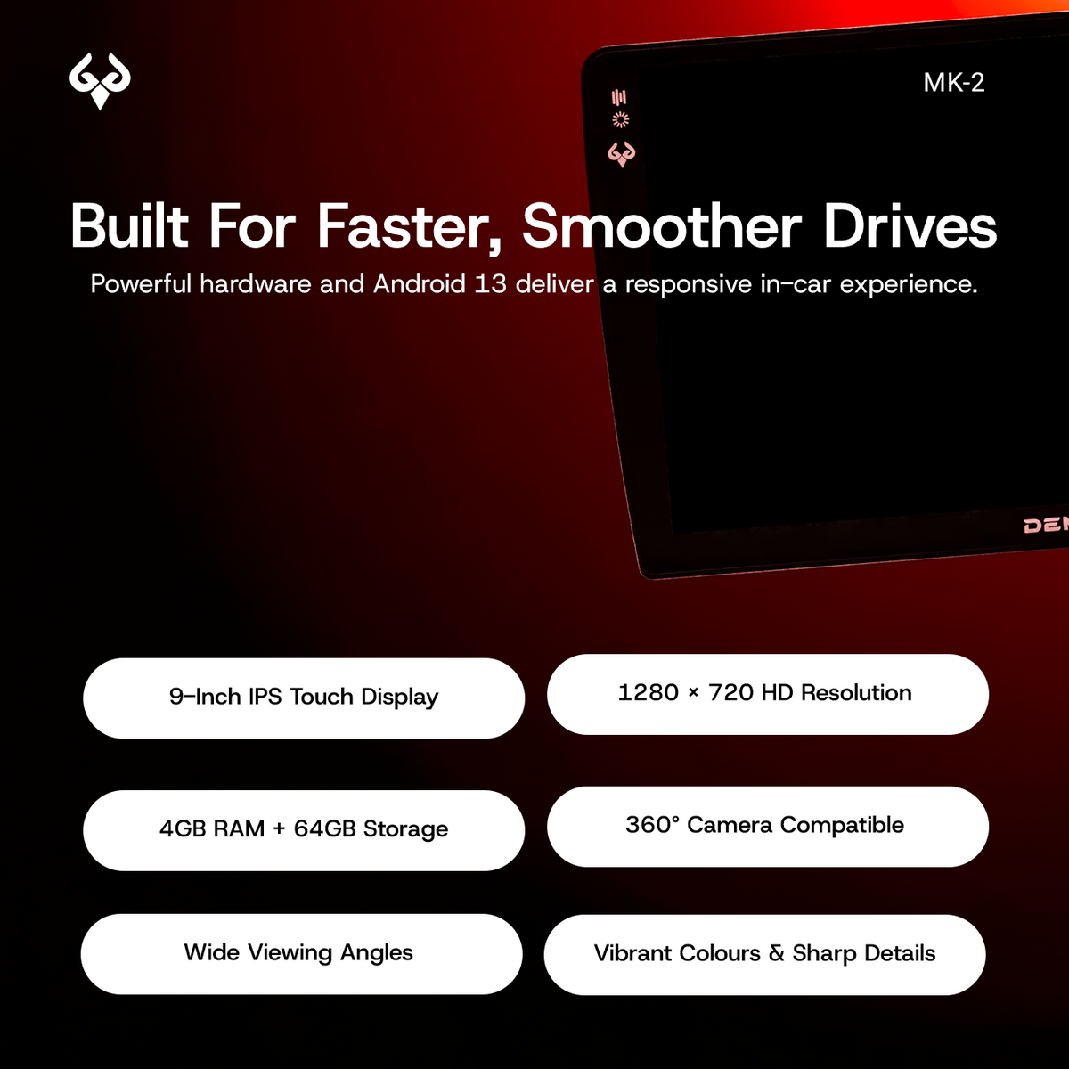 MK-2 car display with 9-inch IPS touch screen, 4GB RAM, 64GB storage, and Android 13.