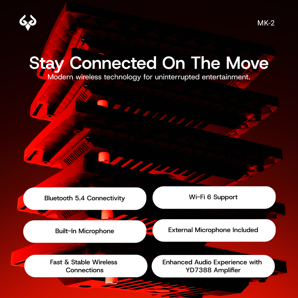 MK-2 device with Bluetooth 5.4, Wi-Fi 6, built-in and external microphones, and YD7388 amplifier.