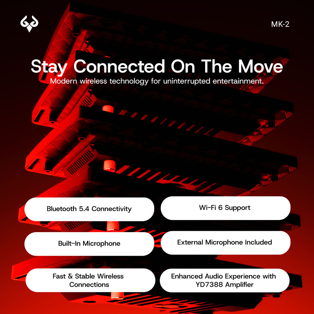 MK-2 device with Bluetooth 5.4, Wi-Fi 6, built-in and external microphones, and YD7388 amplifier.