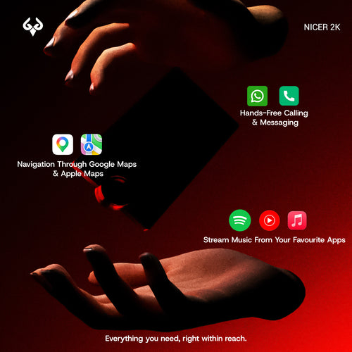 NICER 2K device with app icons for navigation, calling, and music streaming.