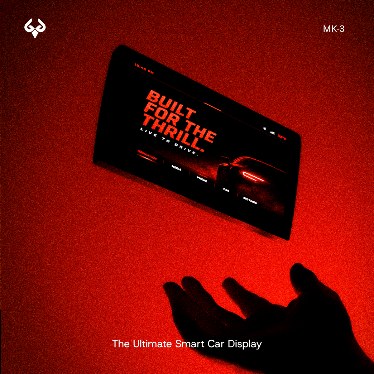 MK-3 smart car display showing a red interface with 'BUILT FOR THE THRILL' text and car silhouette.