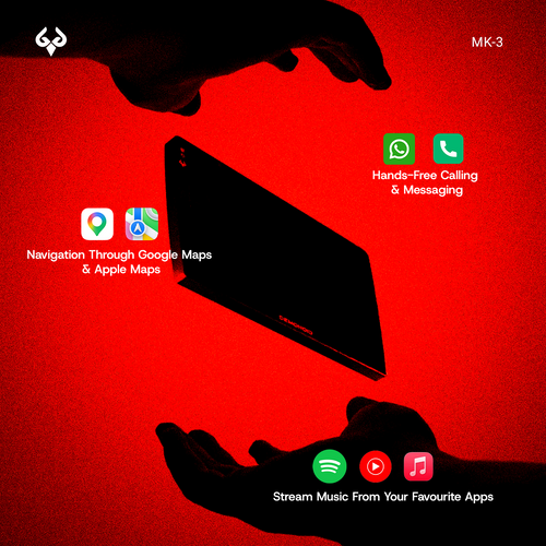 A black MK III car infotainment display is held between two hands against a red background.