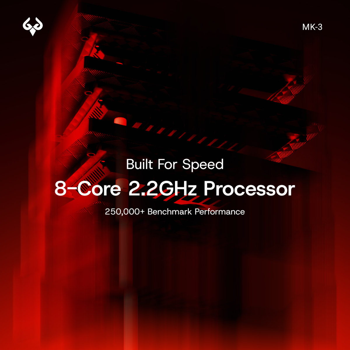 MK-3 processor with 8-Core 2.2GHz speed and 250,000+ benchmark performance.