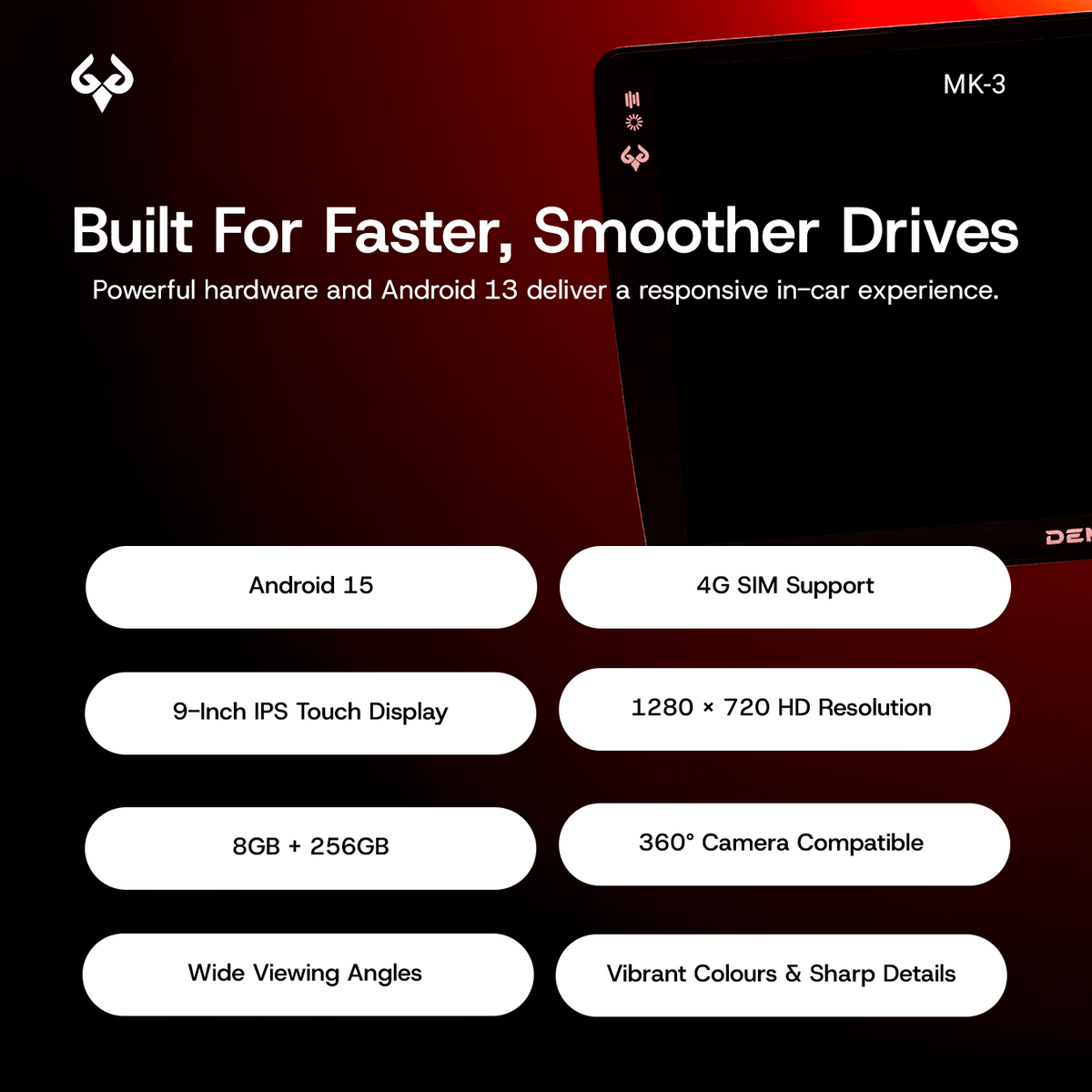 MK-3 car stereo with Android 15, 9-inch HD display, 8GB RAM, 256GB storage, and 4G SIM support.