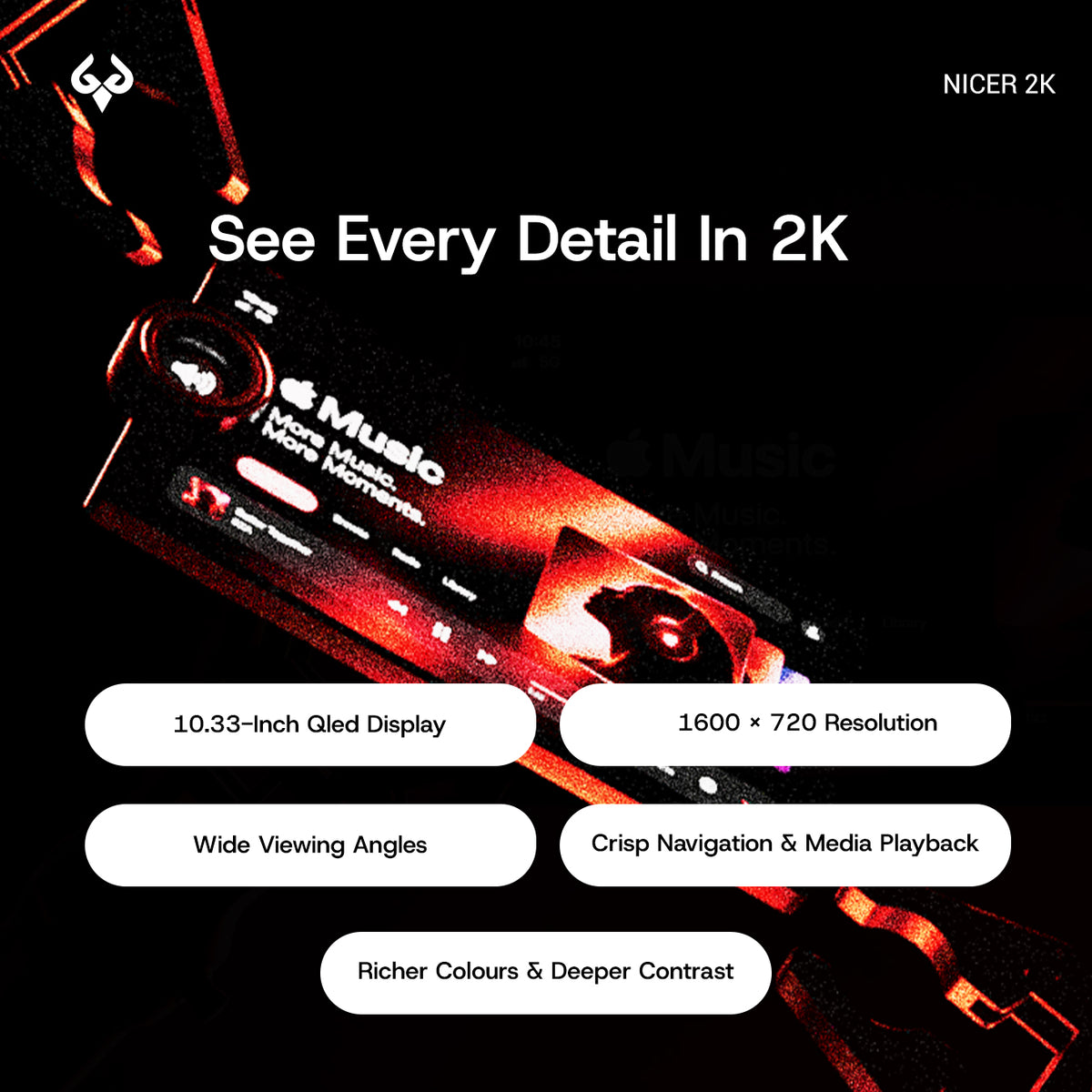 NICER 2K device with 10.33-inch QLED display showing Apple Music interface.