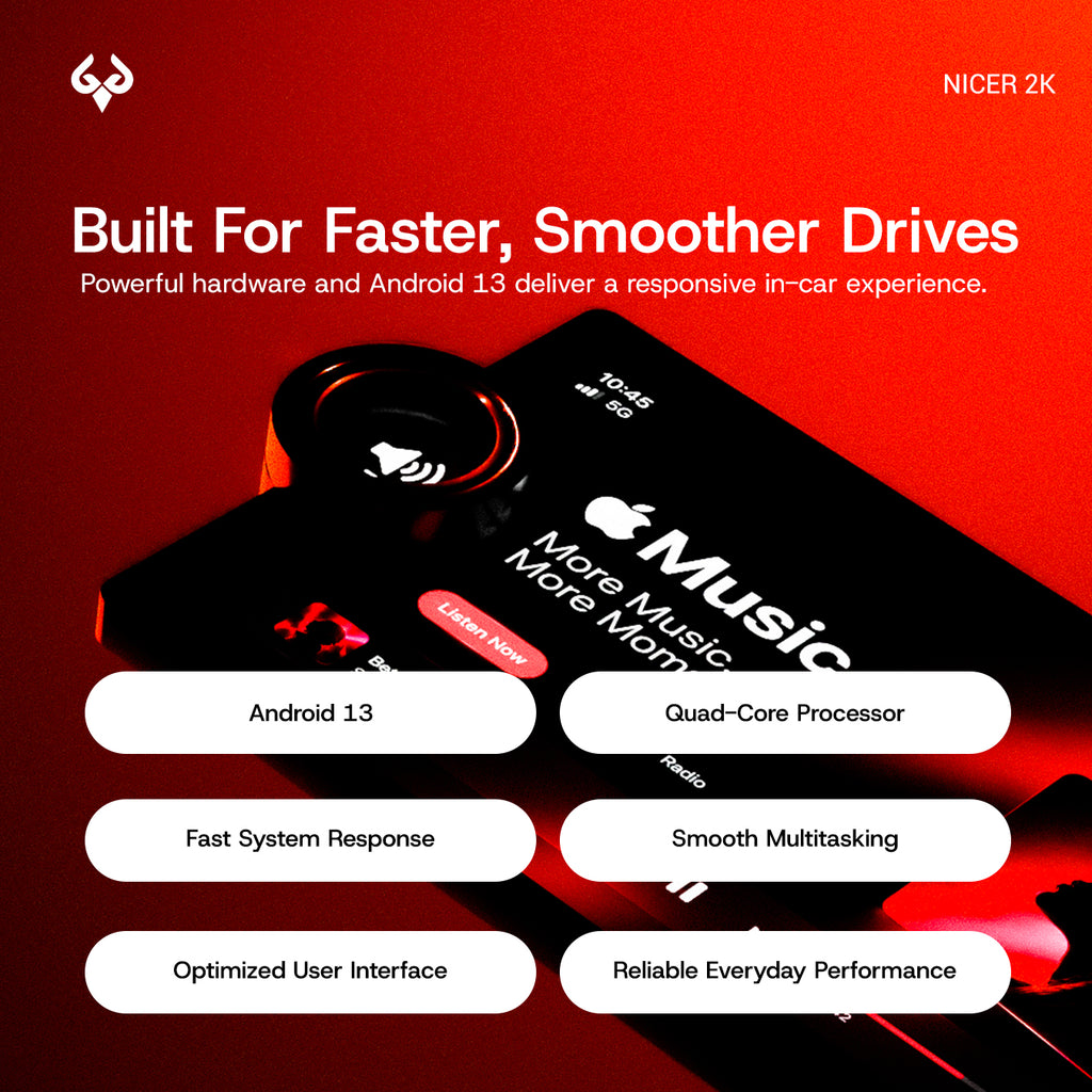 NICER 2K car stereo with Android 13, Quad-Core Processor, and 10.33-inch QLED touchscreen.