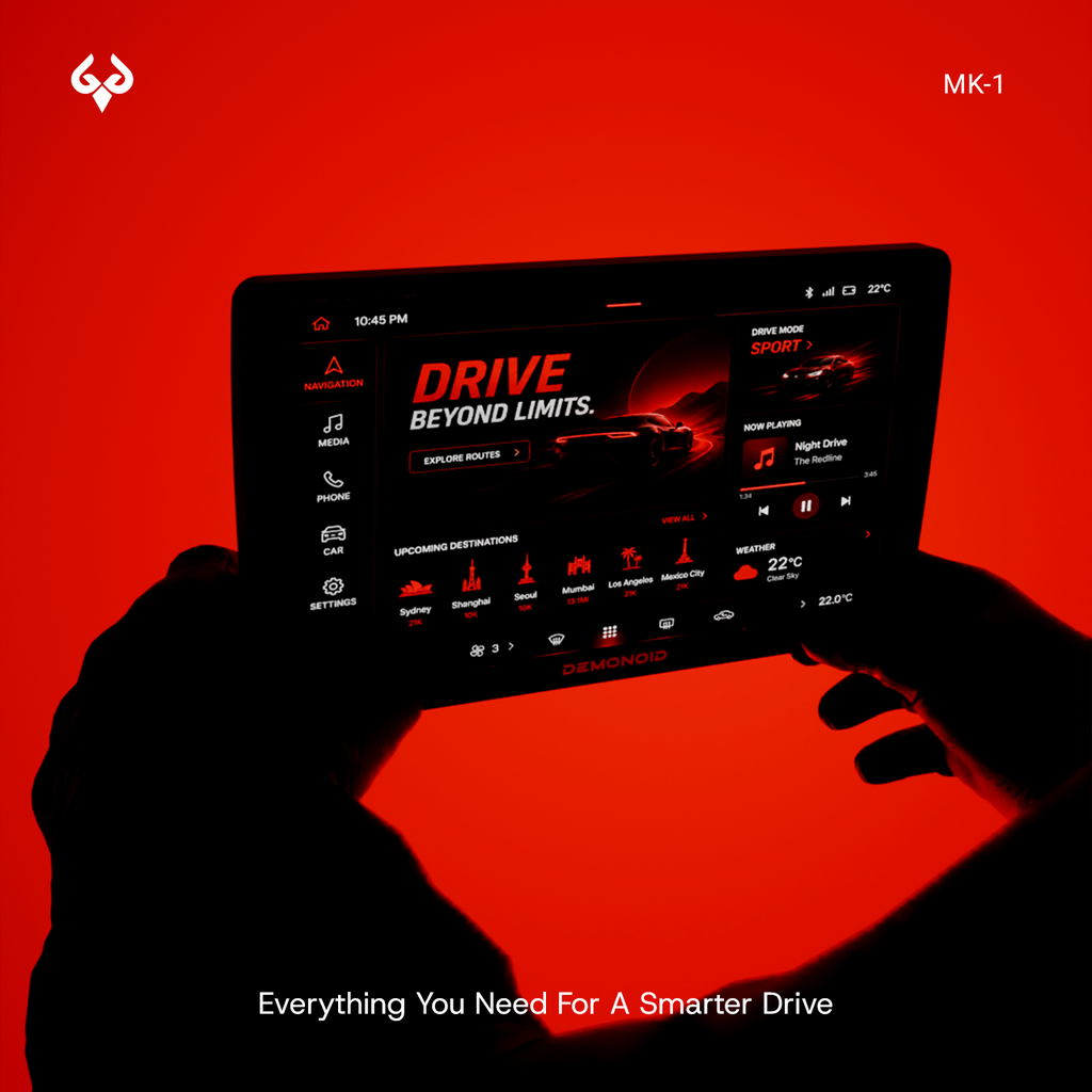 MK-1 Android car infotainment system with a 1280x720P IPS display showing a red-themed interface.