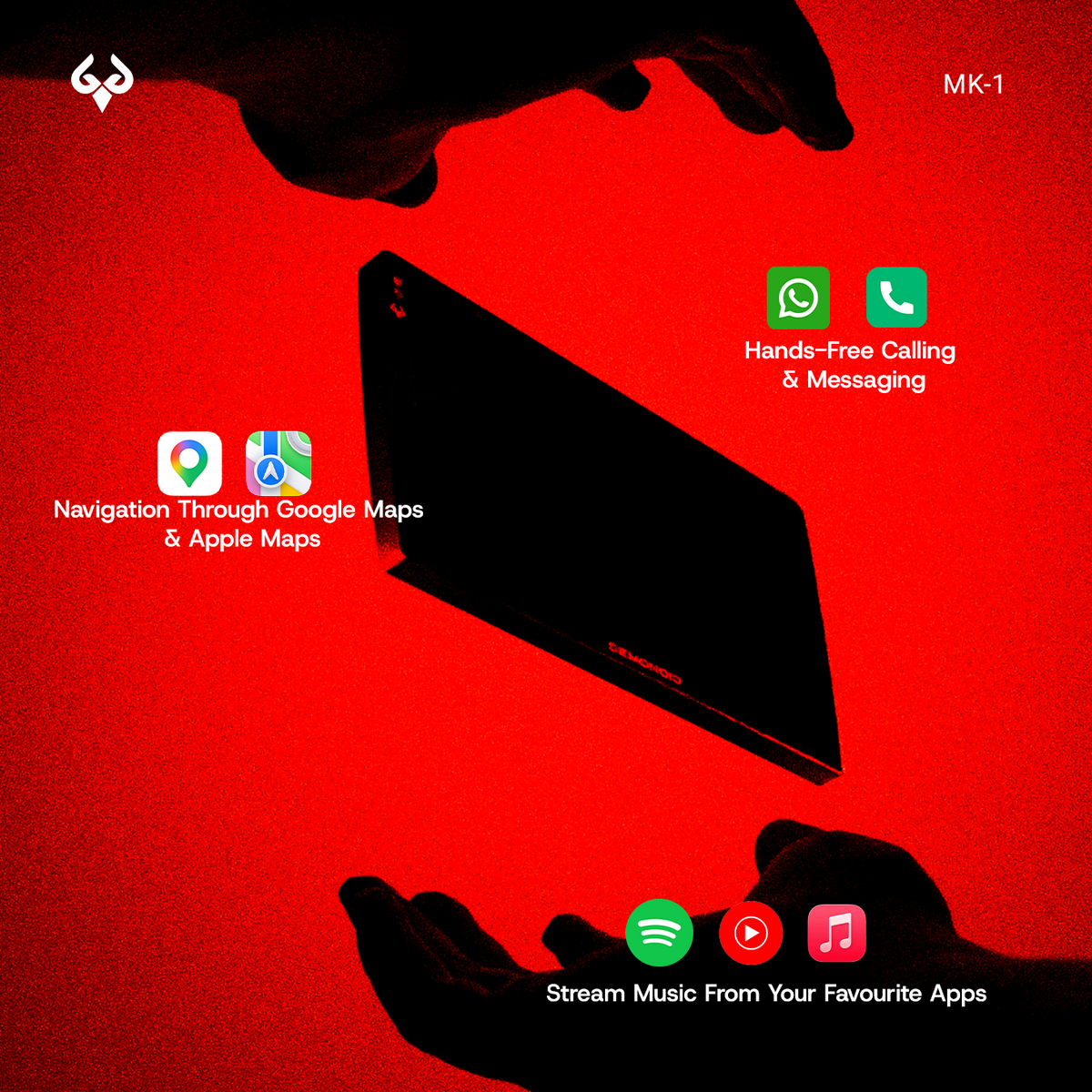 MK-1 device with app icons for navigation, calling, and music streaming.