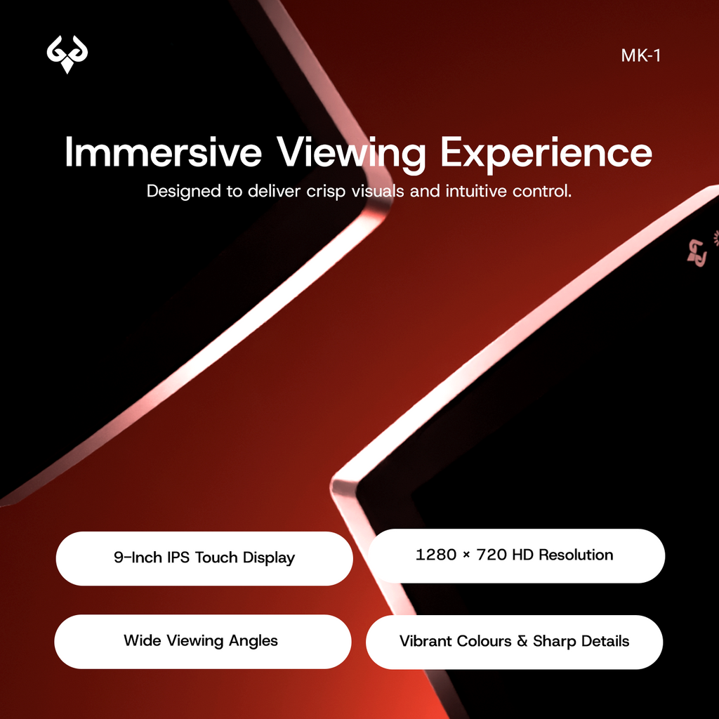 MK-1 display with 9-inch IPS touch screen, 1280x720 resolution, wide viewing angles, and vibrant colors.