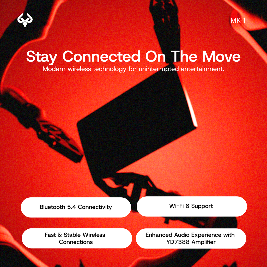 MK-1 device with text "Stay Connected On The Move" and features like Bluetooth 5.4, Wi-Fi 6, and YD7388 Amplifier.