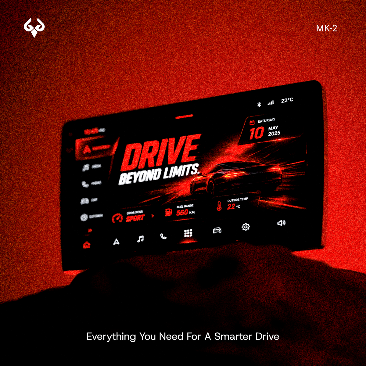 MK-2 Android 13 car infotainment system with a 9-inch HD display showing a red sport interface.
