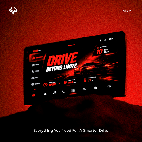 MK-2 Android 13 car infotainment system with a 9-inch HD display showing a red sport interface.